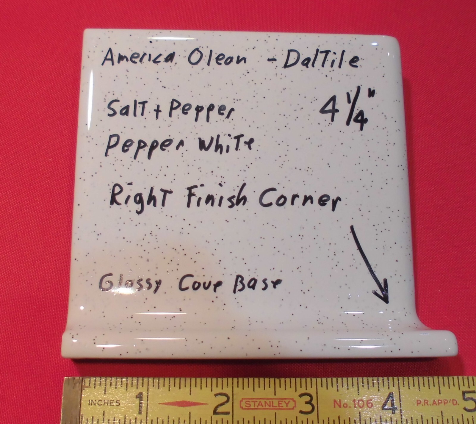 1 pc. Salt & Pepper: Right Finish Corner, Cove/Base Ceramic Tile 4-1/4″ New