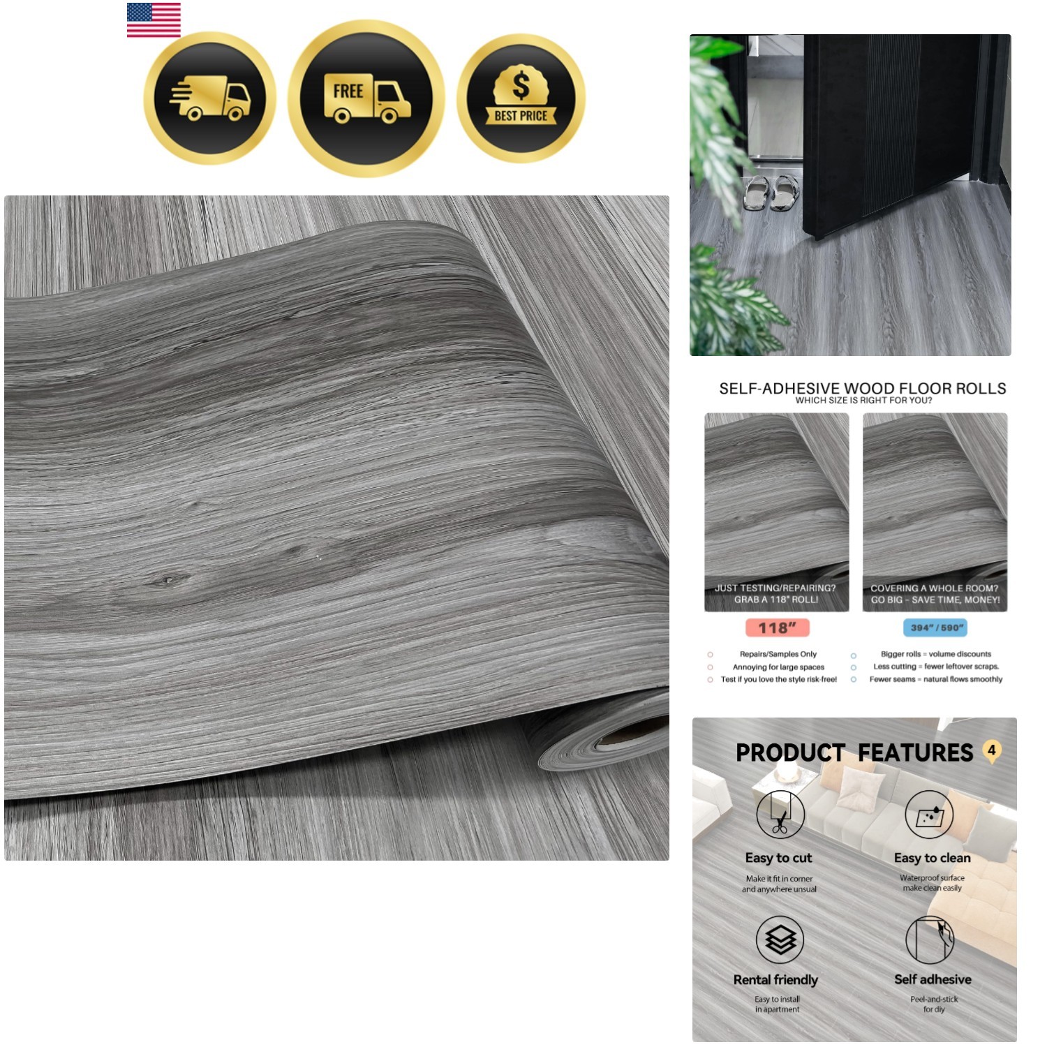 Wood Grain Peel and Stick Floor Tiles – 11.8” Width, Full Roll Length of 118″…