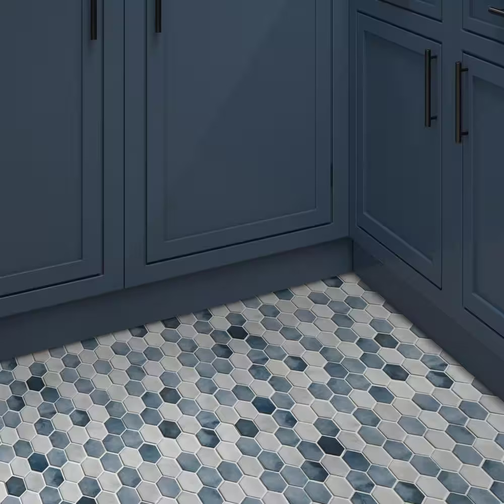 Picket Blue Mix 10.7 In. X 10.1 In. Long Hexagon Recycled Glass Cement Looks Mos
