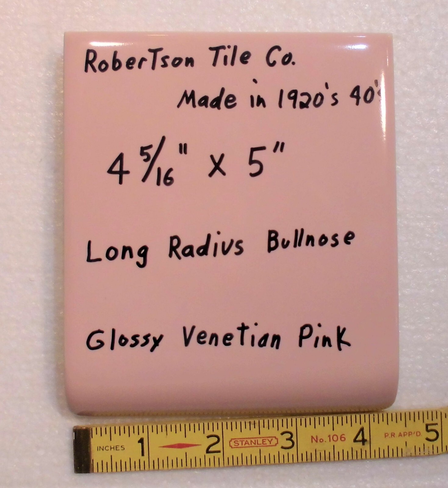 1 pc. Venetian Pink: Glossy Ceramic Radius Bullnose Tile 4-5/16″ X 5″ Robertson