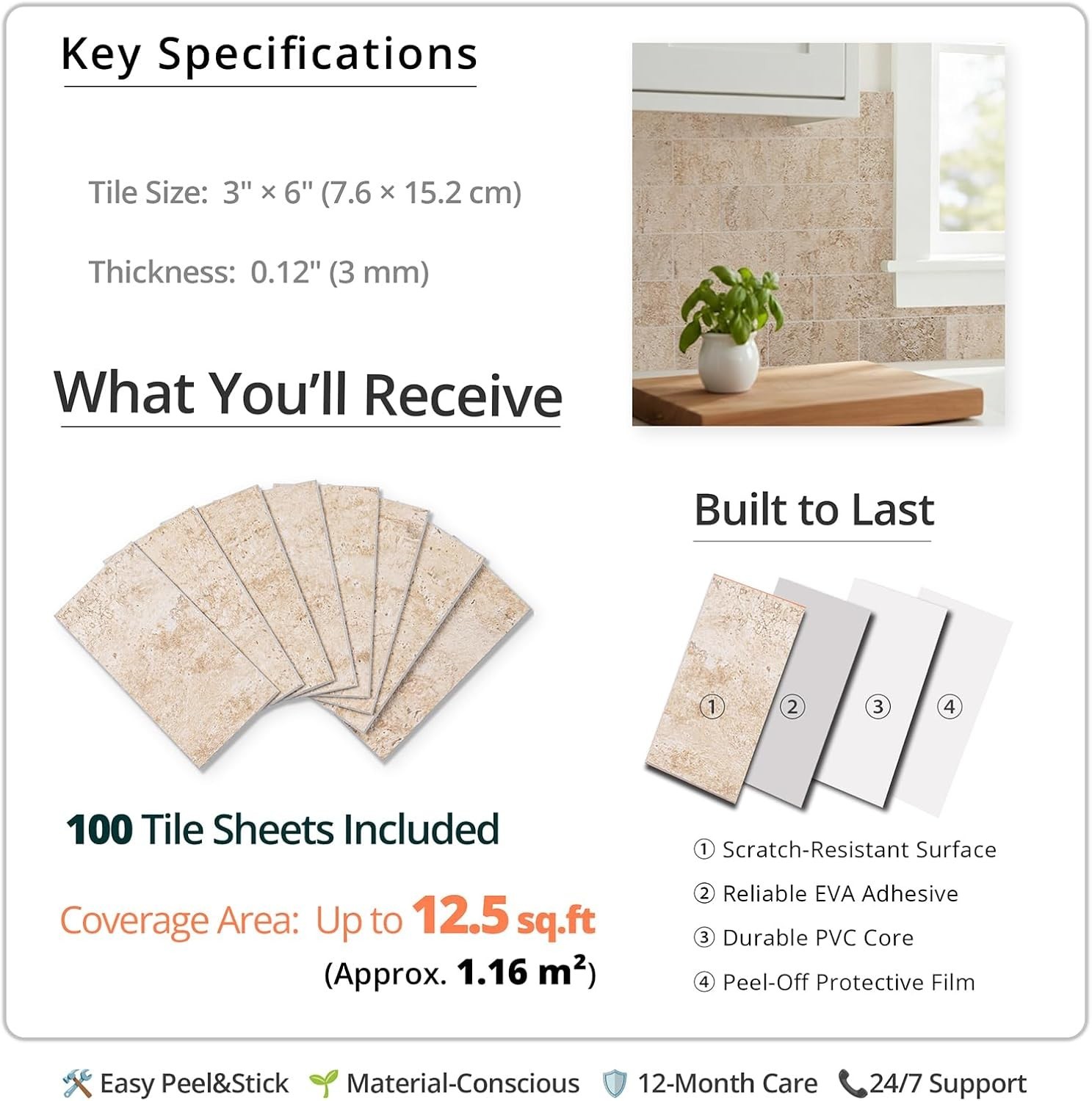 100 Pieces Peel and Stick Backsplash for Kitchen, 3″ x 6″ PVC Subway Tile, 20…