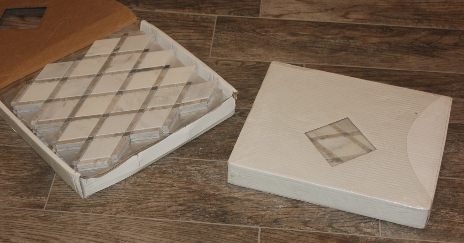 10 SF Sheets Polished Marble Diamond Rhomboid Lattice Mosaics White Beige Taupe