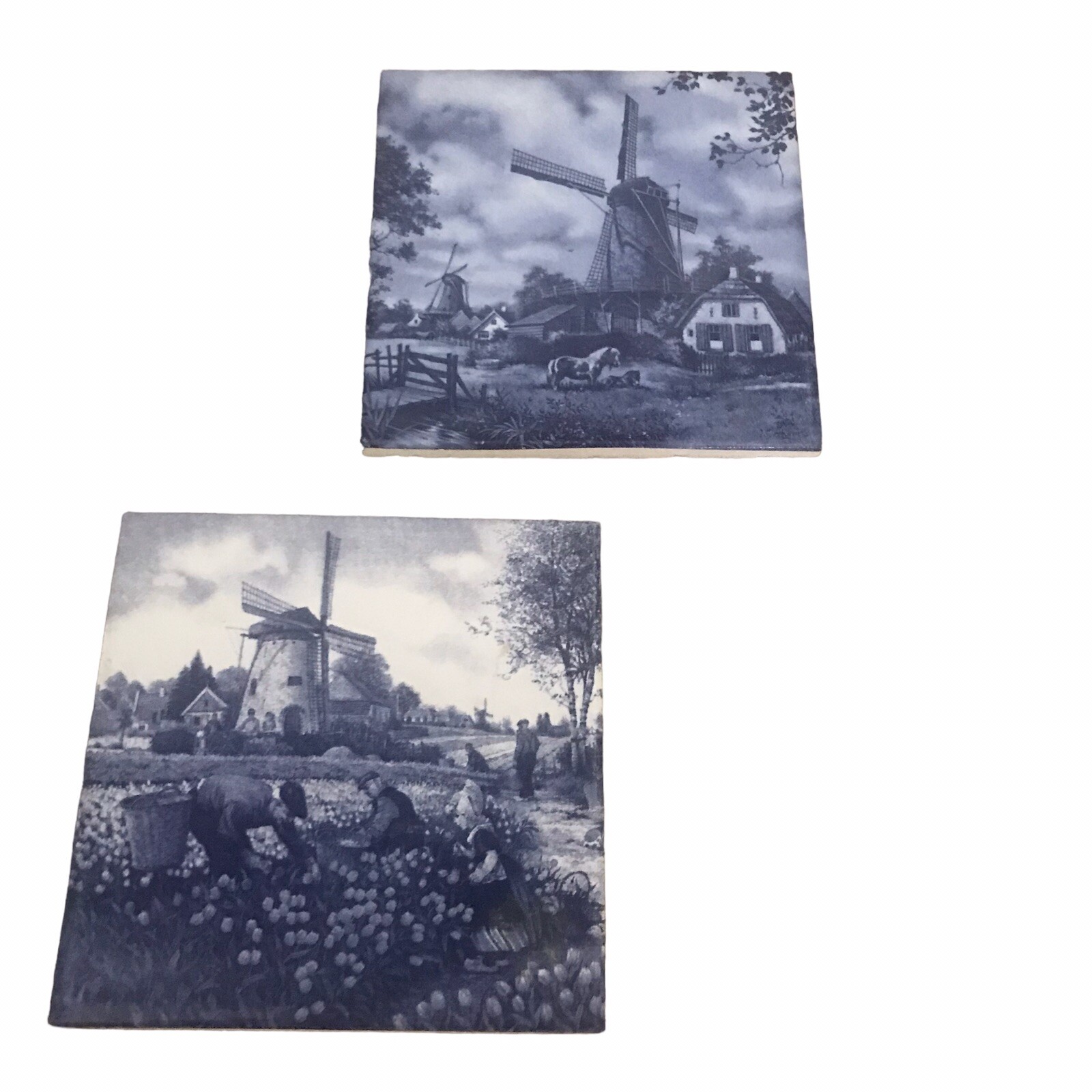 Vintage Delft Blue 4×4 Wall Tiles Pair Windmill Netherlands Replacement