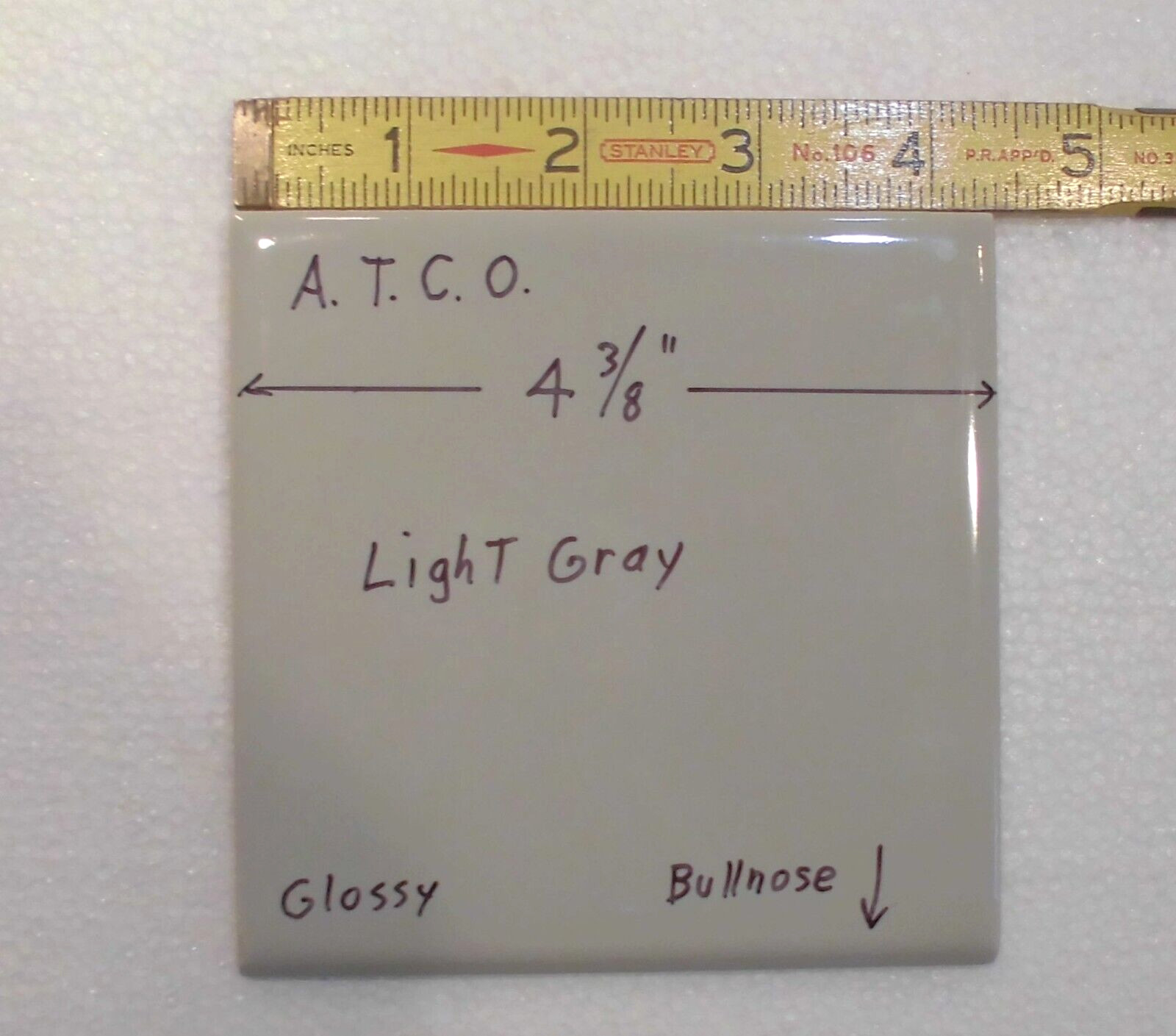 1 pc. Light Gray: 4-3/8″ Glossy Ceramic Bullnose Tile by A.T.C.O. , Pearl Gray