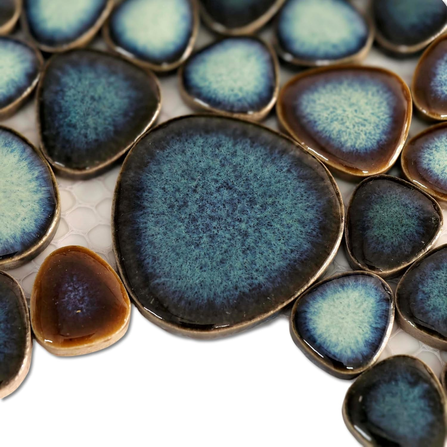 Teal Blue & Bronze Ceramic Pebble Mosaic Tile, 12×12 Sheet for Spa & Backsplash