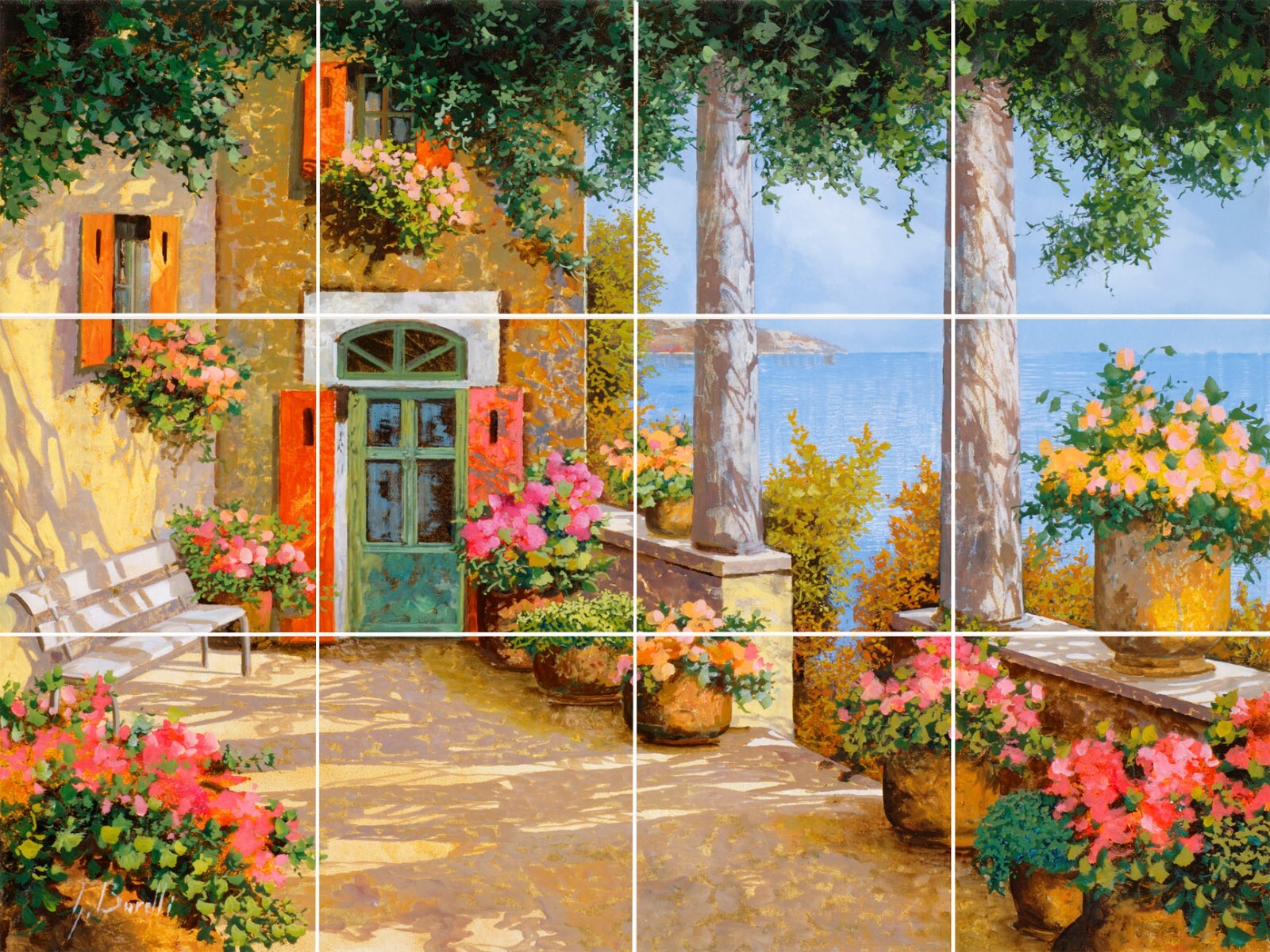 Mediterranean terrace Tuscany Italy view garden ceramic tile mural backsplash