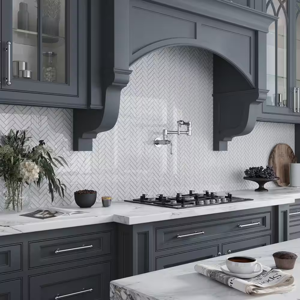 Ice White 11 In. X 12.6 In. Herringbone Polished Glass Mosaic Tile (4.81 Sq. Ft.