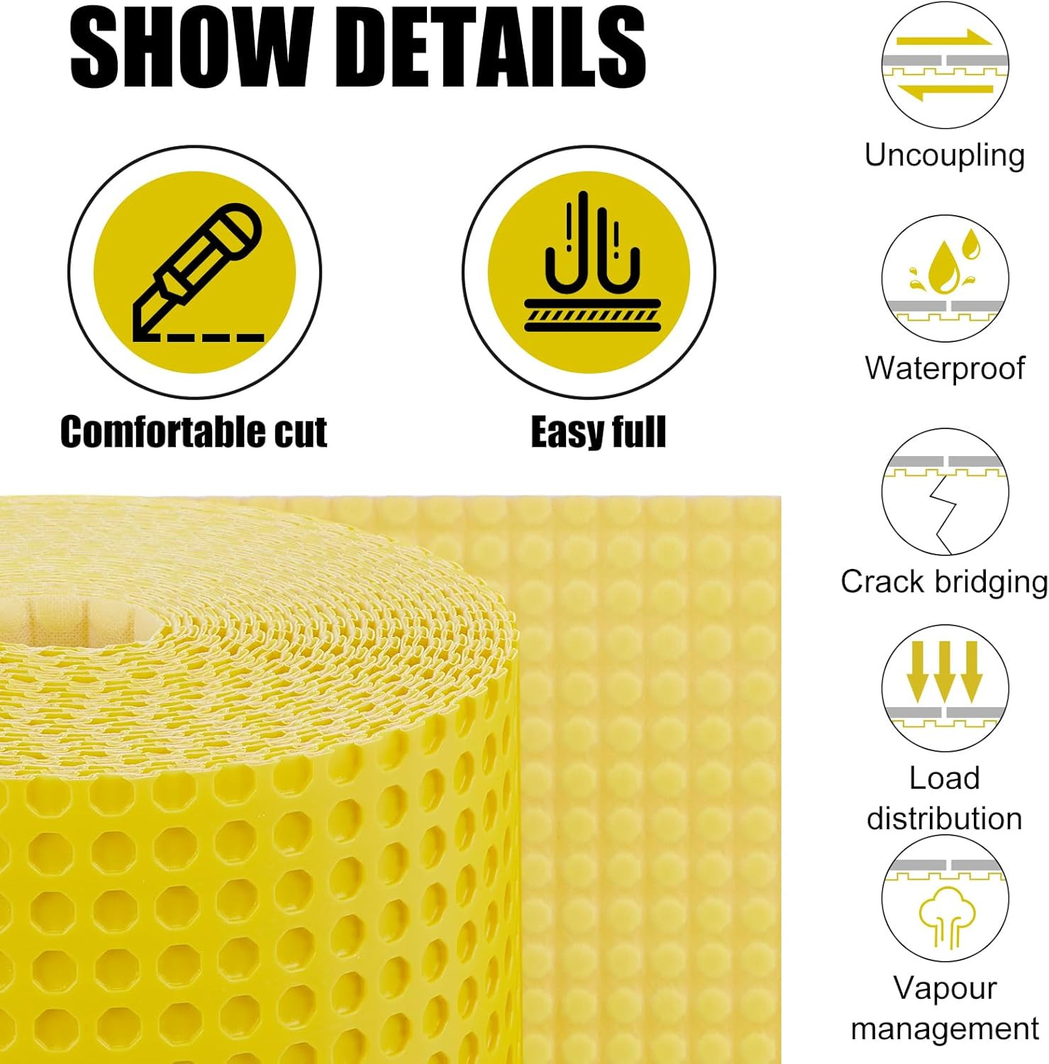 108 Sq Ft Uncoupling Membrane for Tile Floor, 1/8”(3Mm) Waterproofing Underlaym