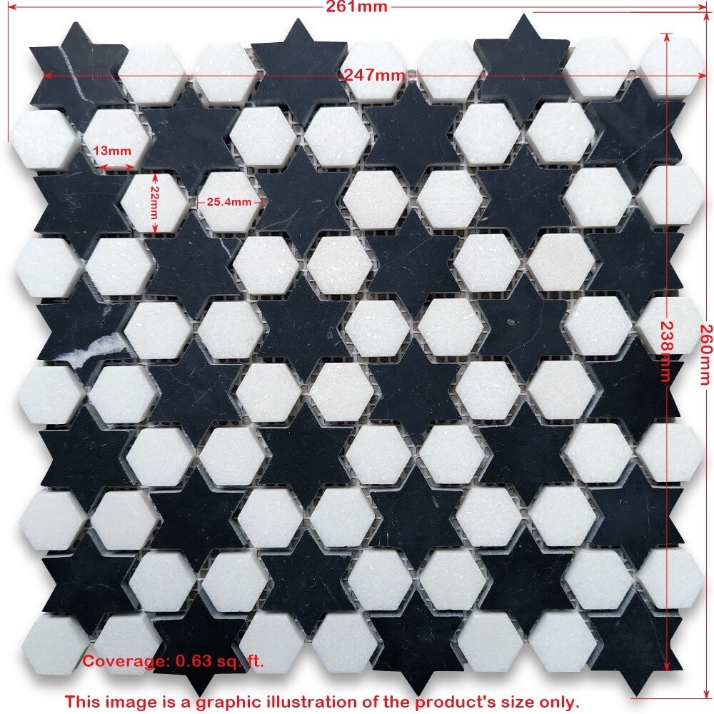 T31G1XH Thassos White Marble Starry Night Hexagram Hexagon Mosaic Tile Black
