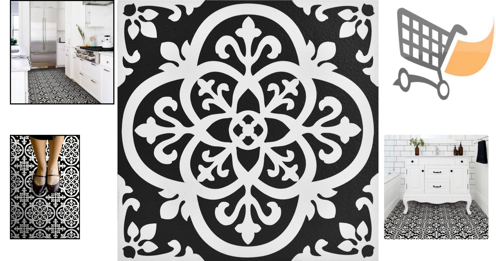Black Gothic Peel & Stick Floor Tiles Waterproof Easy Install Patterned