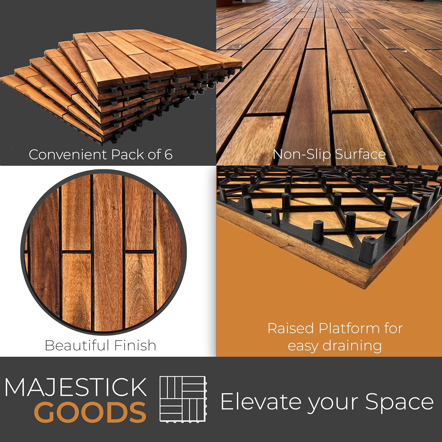 Interlocking Long Deck Tiles – 24X12 Acacia Hardwood Outdoor Flooring for Patio
