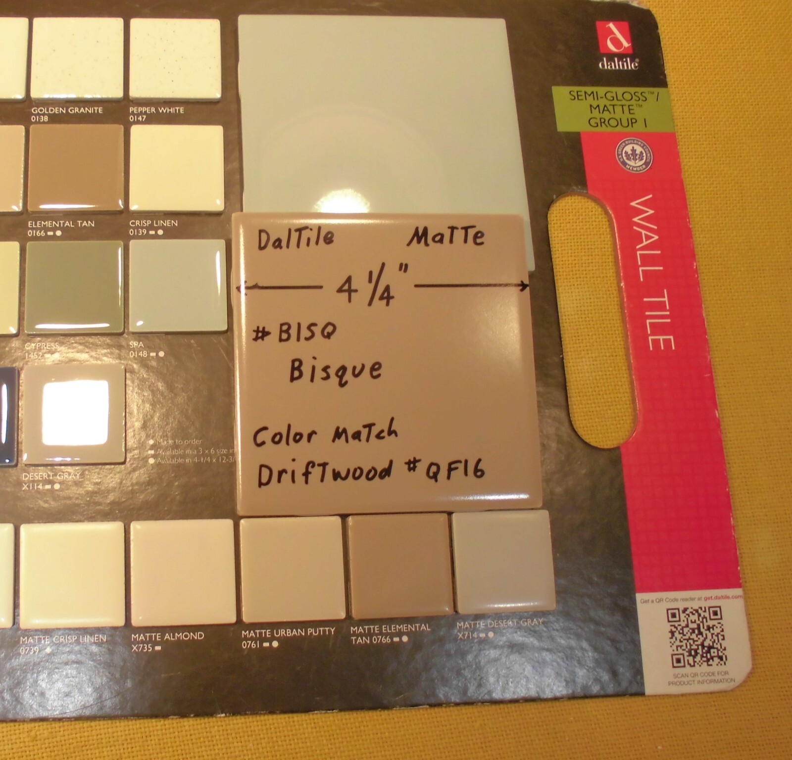 1 pc. Bisque Matte Ceramic Tile by Daltile #BISQ: 4-1/4″ Light Brown, NEW