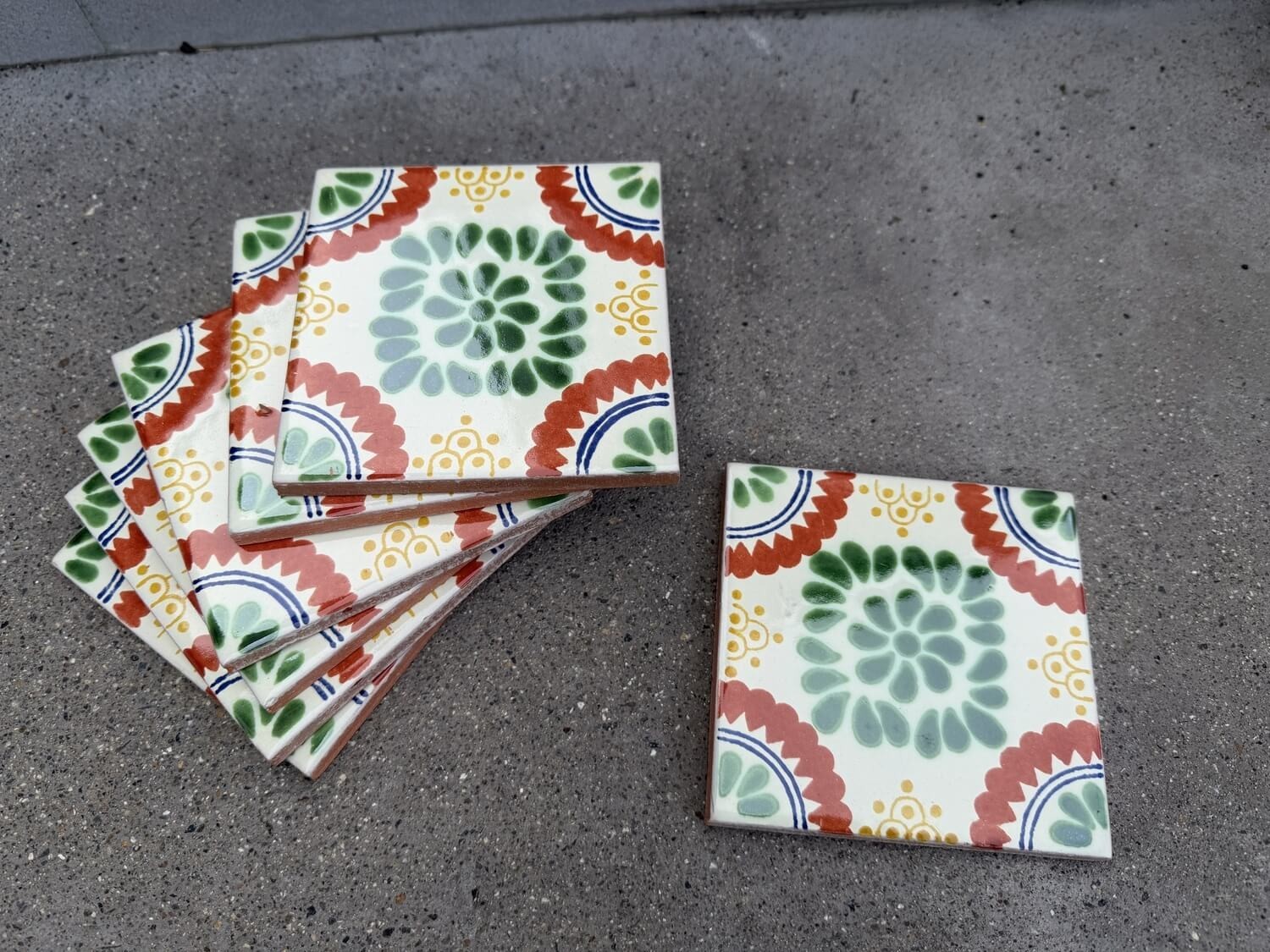 Floral Medallion Green Rosette Talavera Tile 4.25”x4.25” | Handmade Mexican Tile