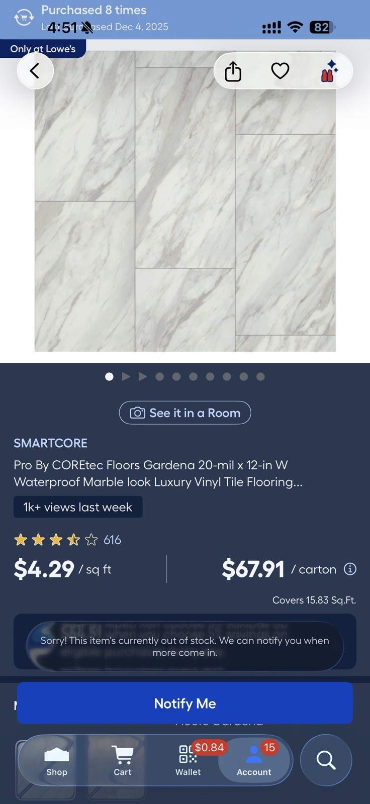 SMARTCORE Floors Gardena Marble Waterproof Vinyl Tile Flooring 20 Mil 7 Cases