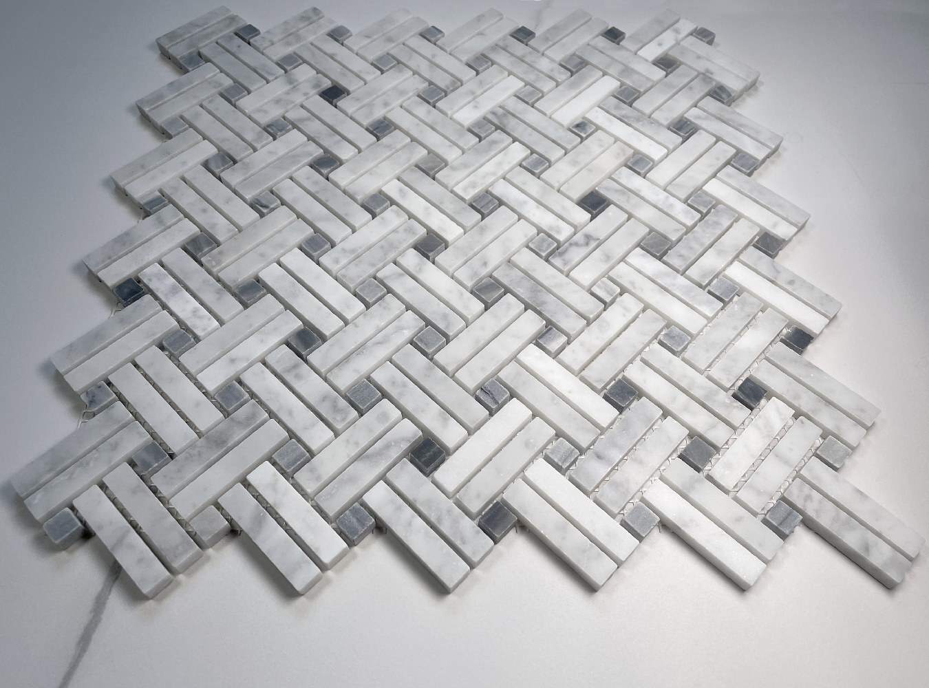 C697XH Carrara White Diagonal Basket Weave Gray dots Marble Mosaic Tile Honed