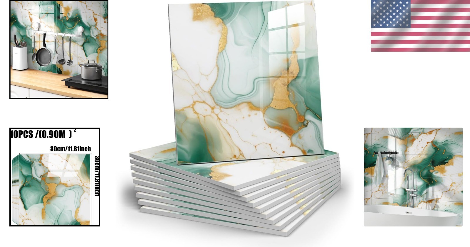 Green and Gold Marble Peel and Stick Backsplash – 11.8″/`