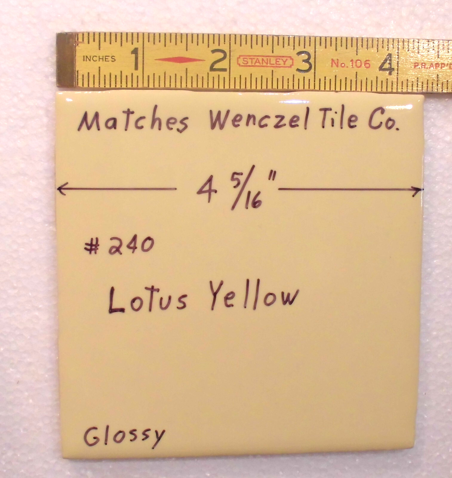 1 pc. Yellow 4-5/16″ Glossy Ceramic Tile: matches Wenczel Co. #240: Lotus Yellow