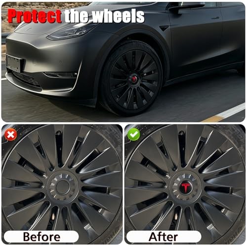 4 PCS Wheel Center Hub Cap Sticker for Model 3 / Model Y, Matt Black & Red