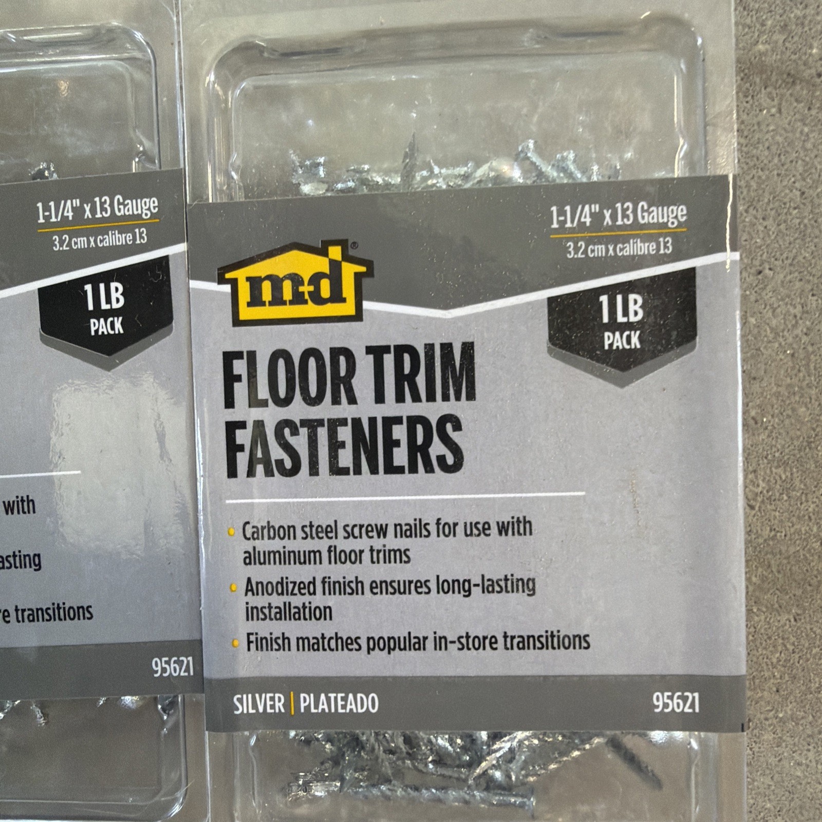 3 packs M-D 1-1/4″ x 13ga Floor Trim Fasteners 1 lb each pack Silver 95621