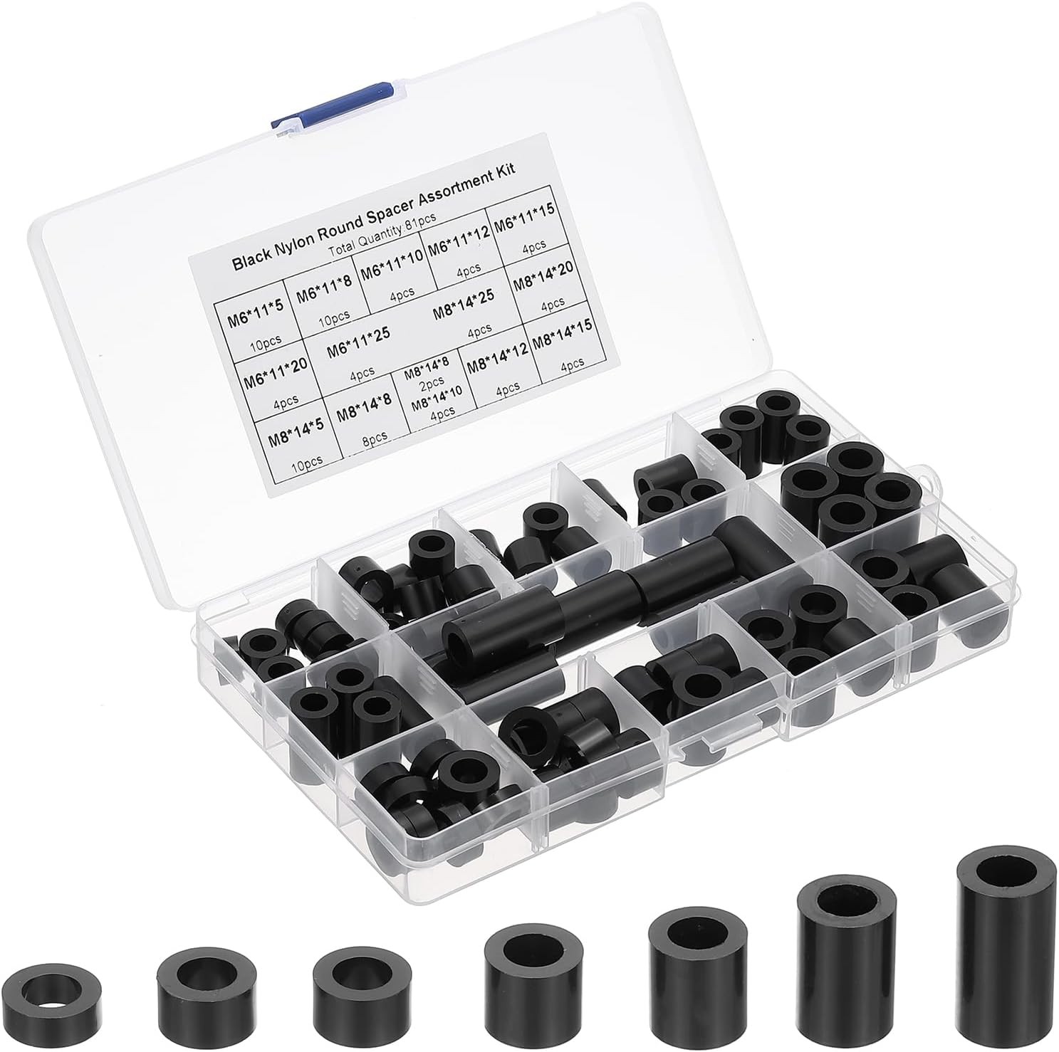 PATIKIL M6 M8 Nylon Spacer, 81Pcs Round Spacer Standoff Non-Threaded Black