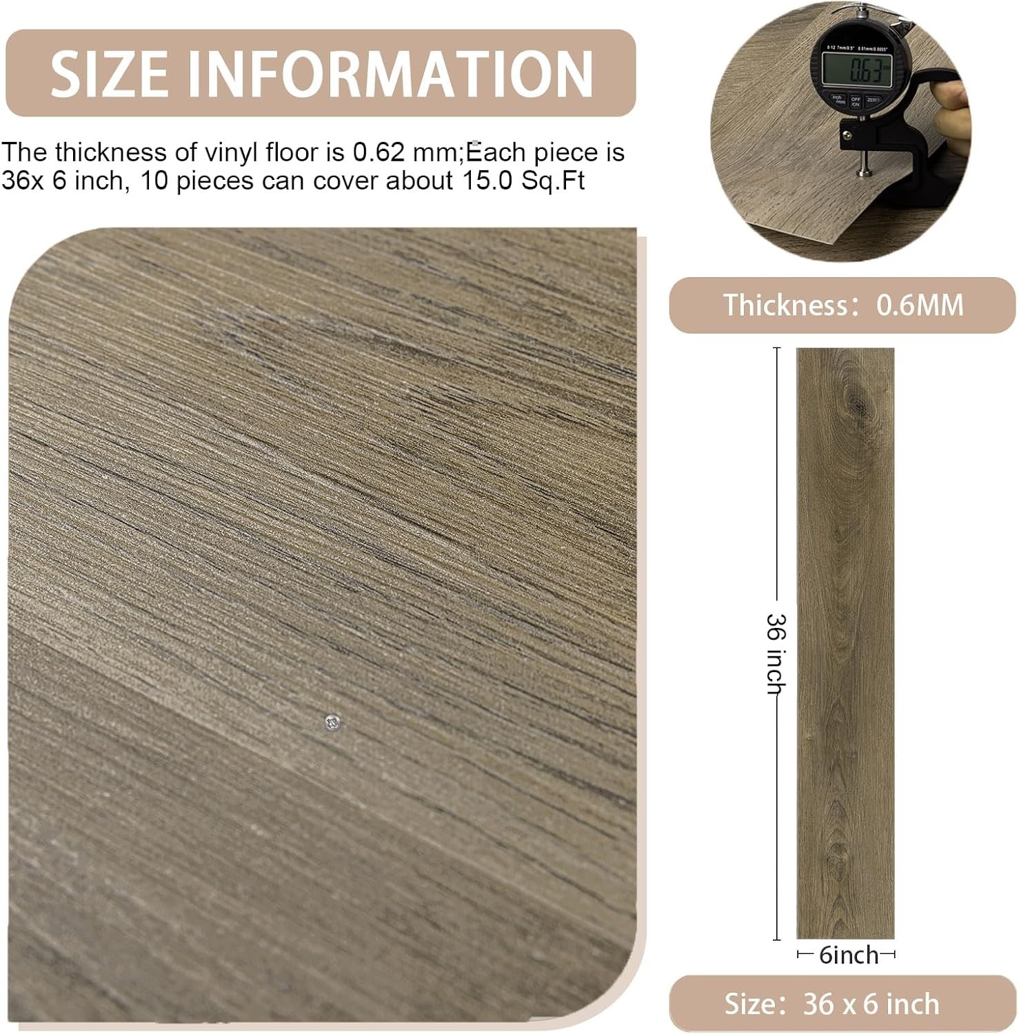 10-Pack Peel and Stick Waterproof Vinyl Floor Tiles – Brown Wood Plank Look