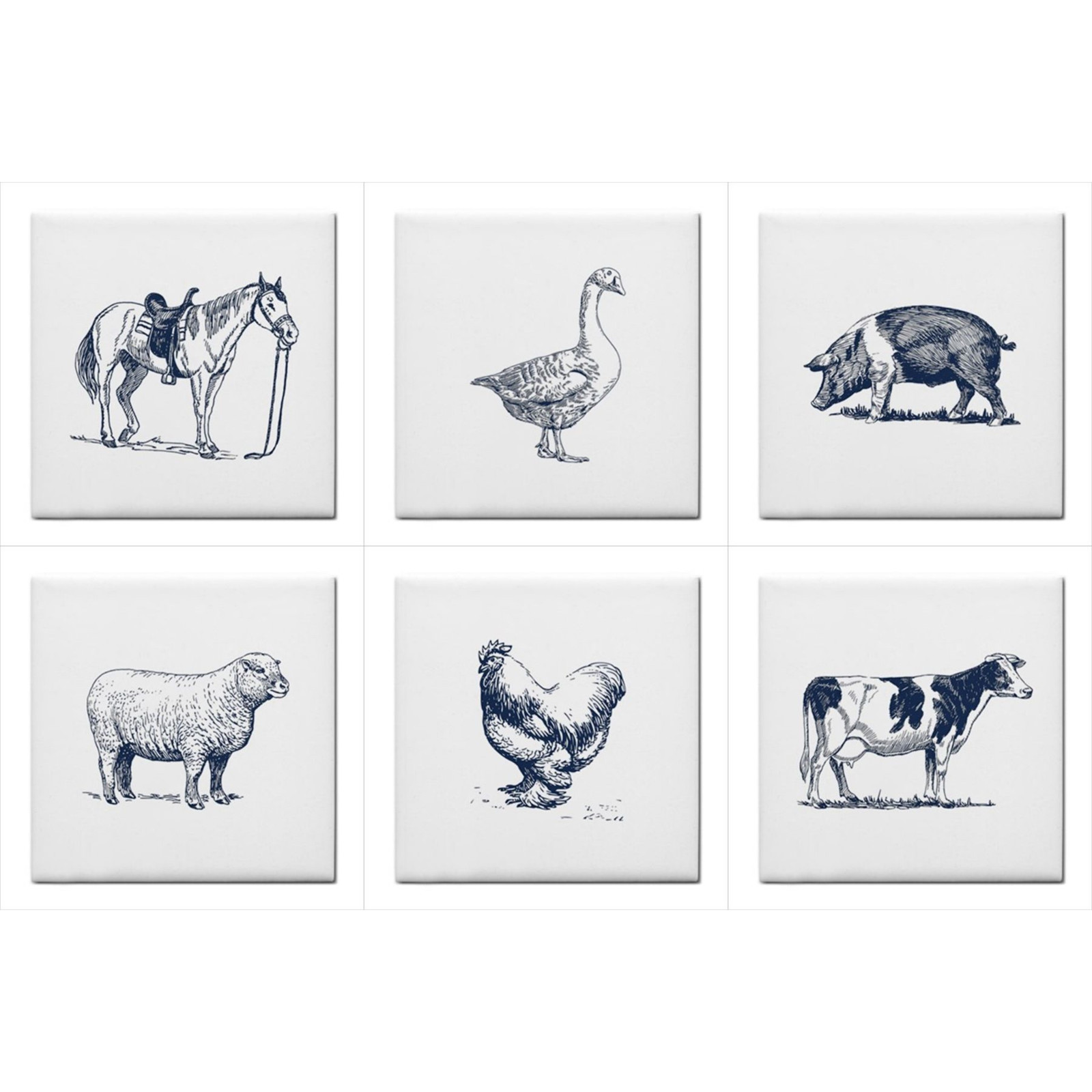 Farm Animals Ceramic Tile Set of 6 Home Decor Backsplash Tiles Blue and White