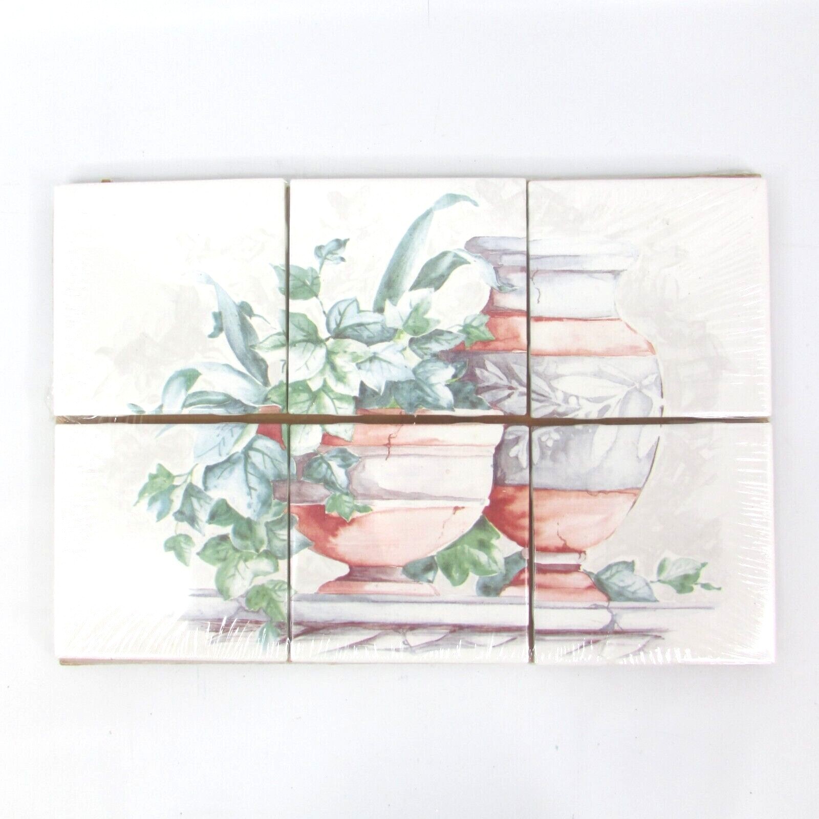 Ceramic Wall Tile Mural Plants in Terra Cotta Pots Urns “Eden Ivy” 6 Pcs 13″x9″