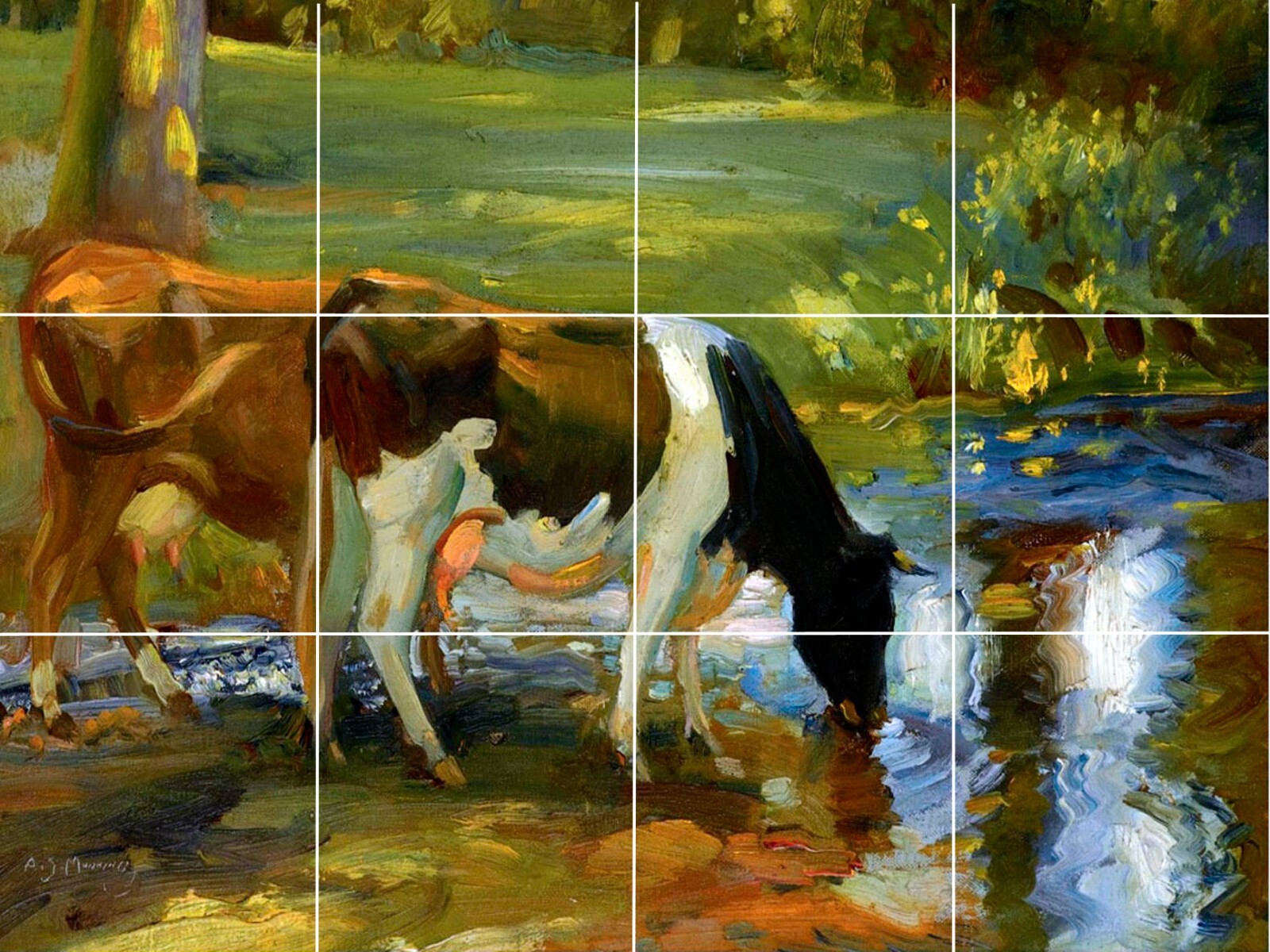 country Farm animals dairy cow at stream ceramic tile mural backsplash medallion
