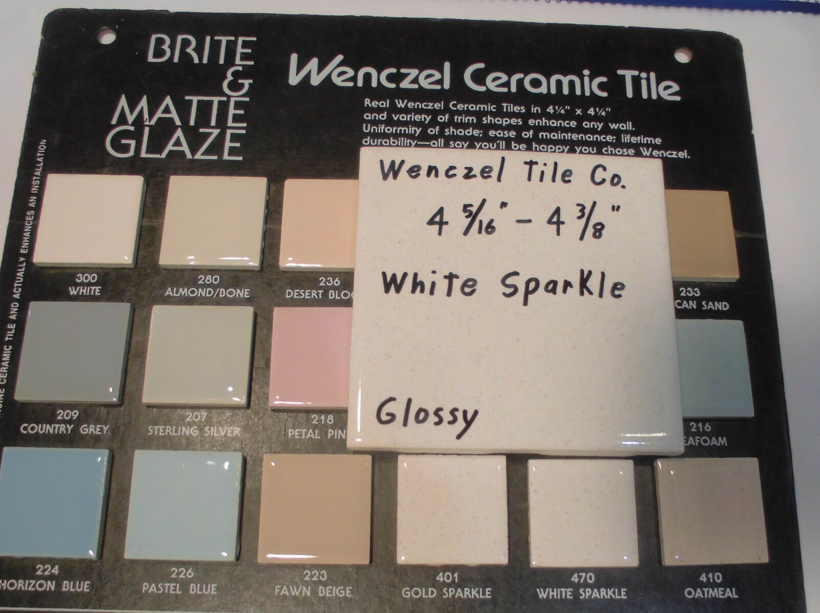 1 pc. Vintage *White Sparkle* Glossy Ceramic Tile by Wenczel 4-5/16″- 4/3/8″