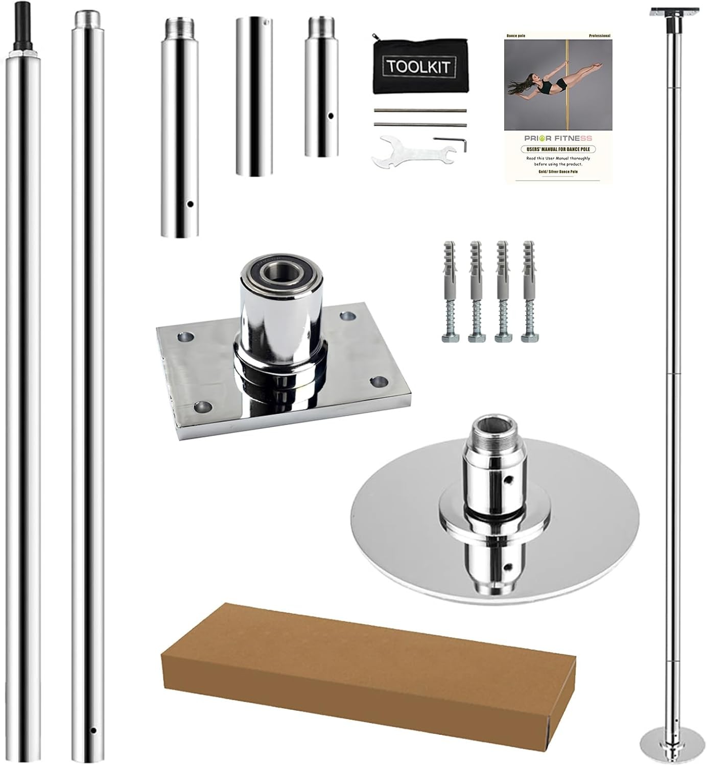 PRIOR FITNESS Permanent Fixed Dance Pole Kit, Professional 45mm Silver