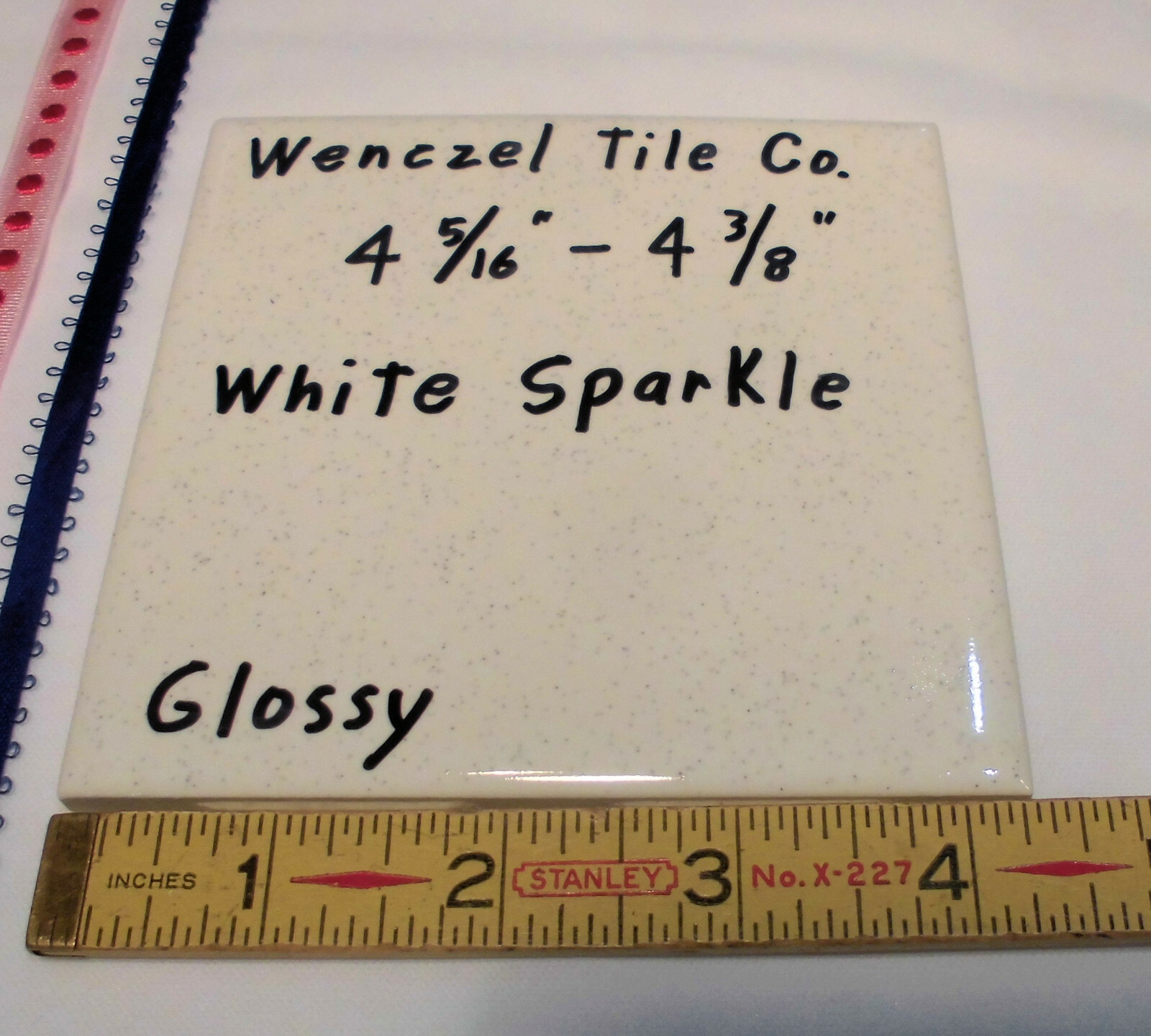 1 pc. Vintage *White Sparkle* Glossy Ceramic Tile by Wenczel 4-5/16″- 4/3/8″