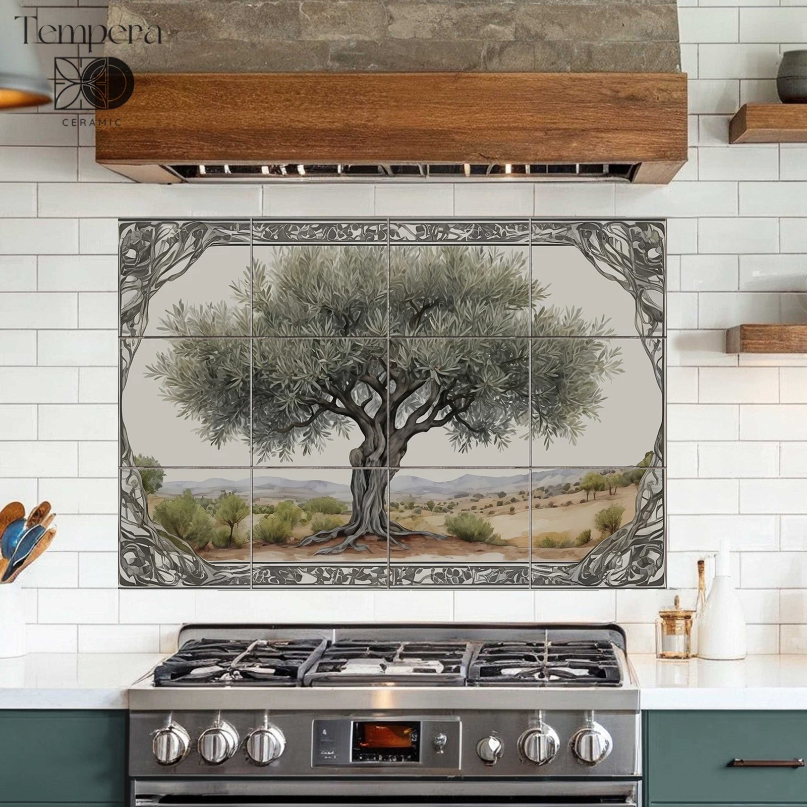Mediterranean olive tree tiles backsplash, kitchen tile tree design, stove tiles