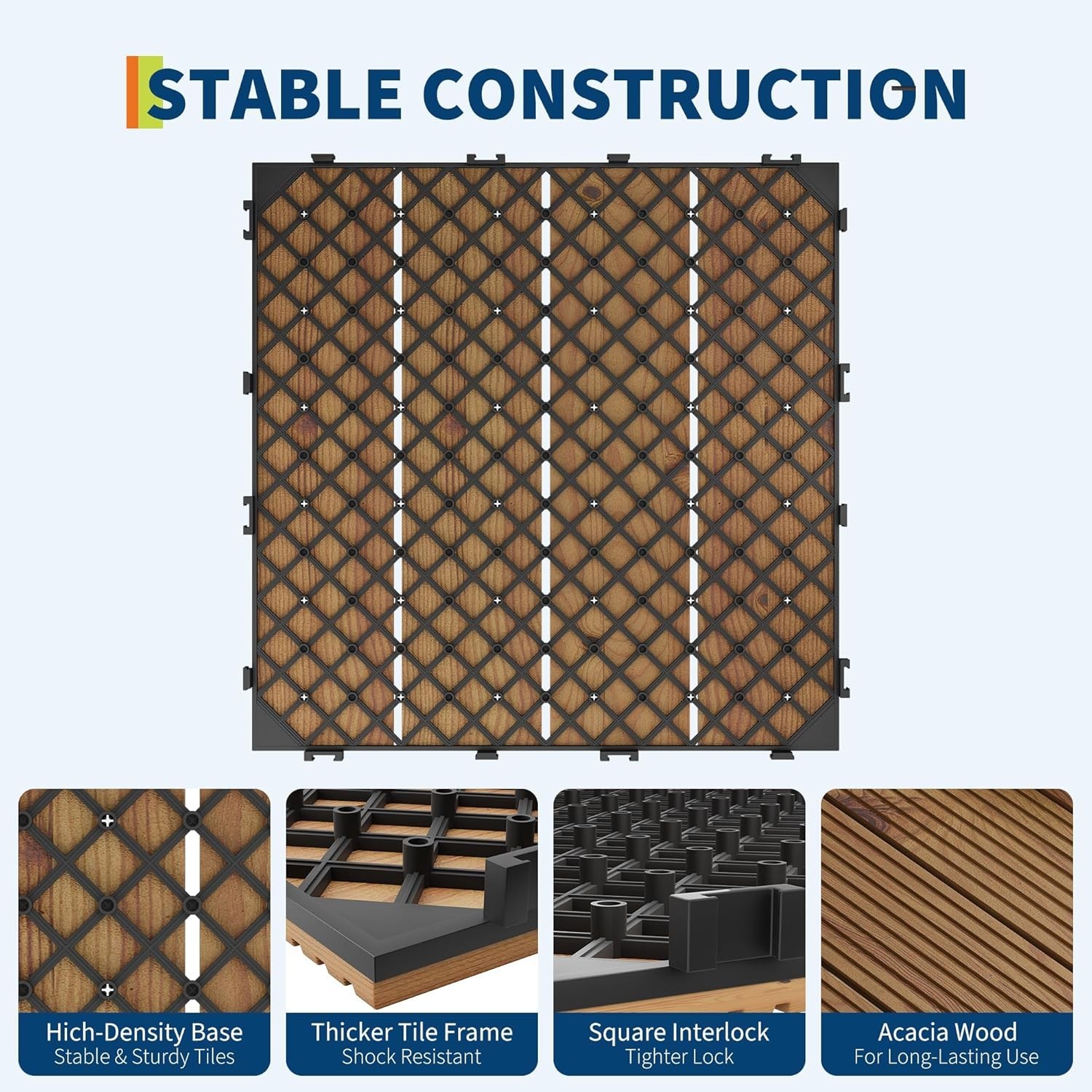 22 Pack Wood Deck Tiles Interlocking Patio Flooring Cover 11.81in x 11.81in
