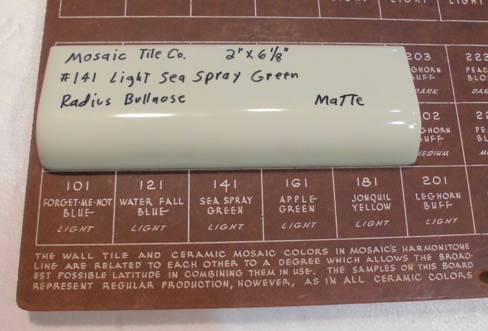 1 pc. Light Green: 2″ X 6″ Semi- Matte Ceramic Bullnose Radius Tile, Mosaic Co.