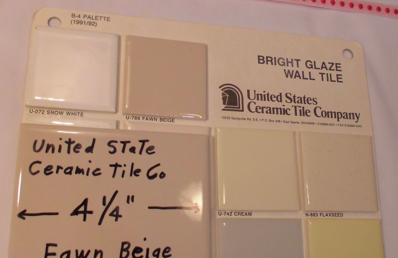 1 pc. Glossy Ceramic Tiles…Fawn Beige…4-1/4″ From the 1990’s Made U.S.A.