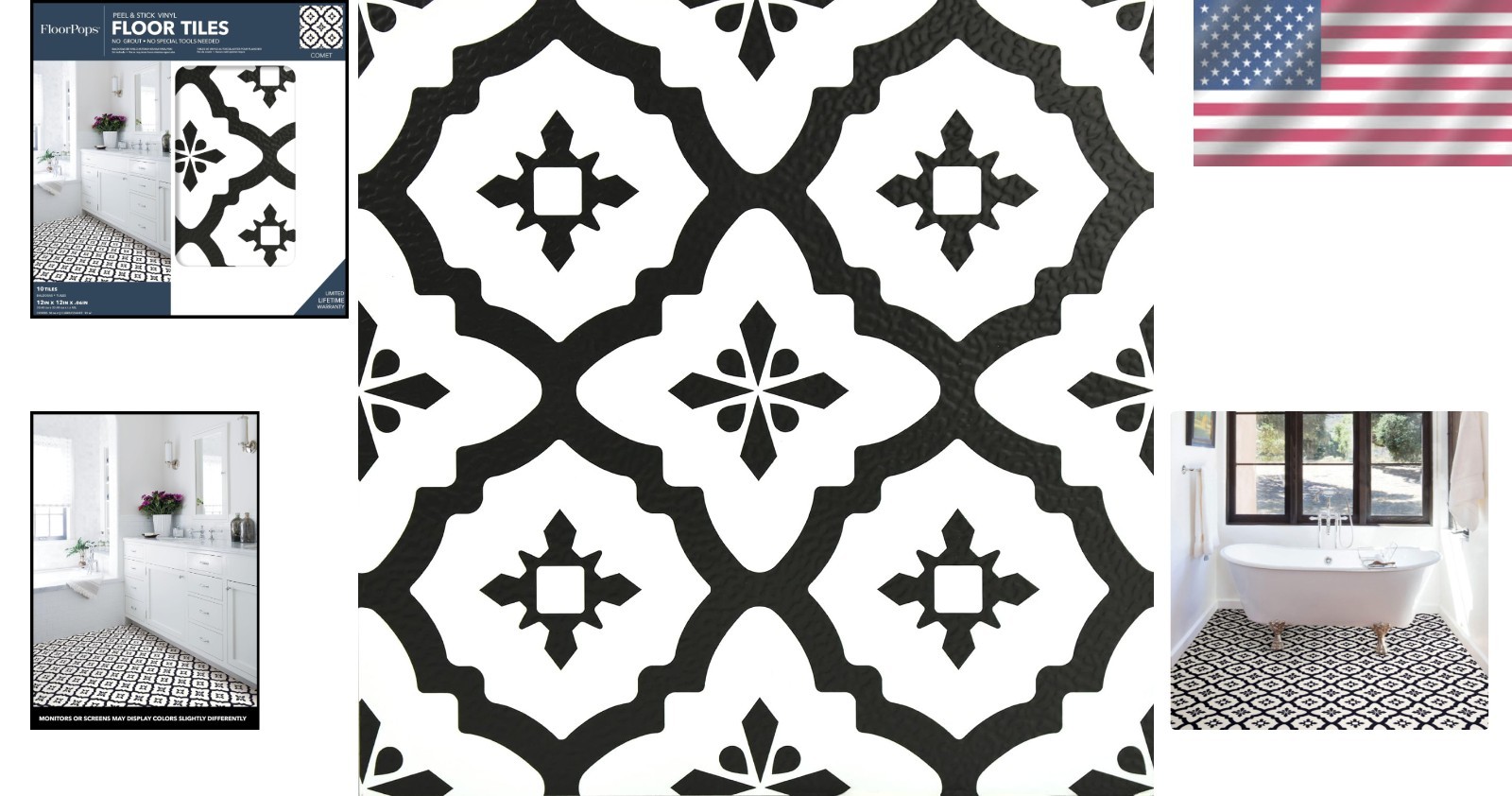 Easy Install Peel and Stick Floor Tiles 12 Inch Black Geometric Vinyl Pack of 10