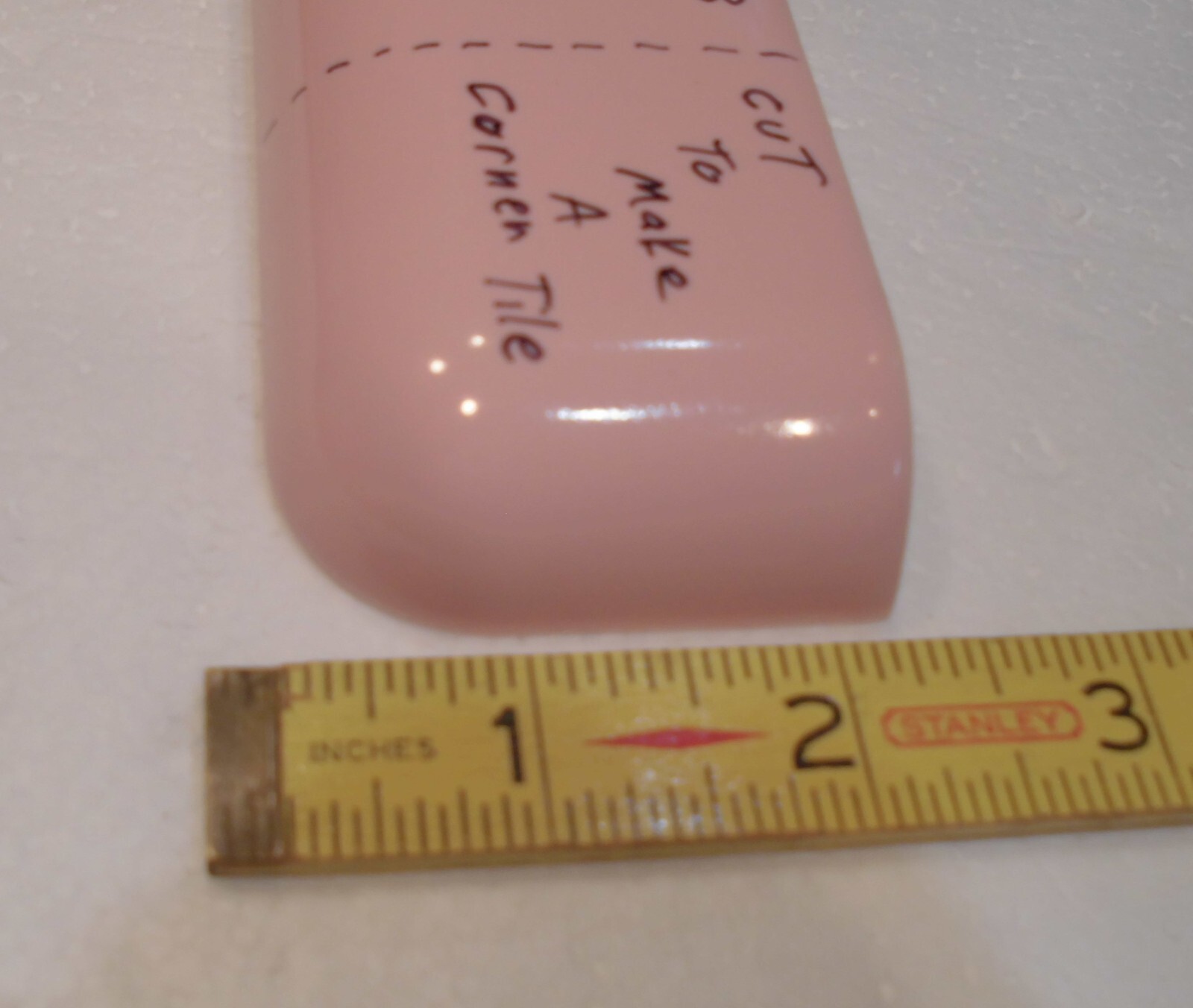 1 pc. Pink Blush Color: 2″ X 6″ Ceramic Radius Bullnose Corner Tile or 2″ X 2″