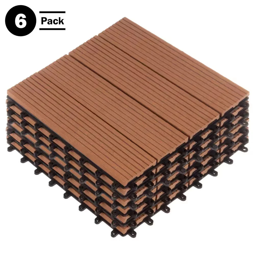 1×1 Patio Deck Tiles Wood Polypropylene Interlocking Flooring Brown 6 Pack