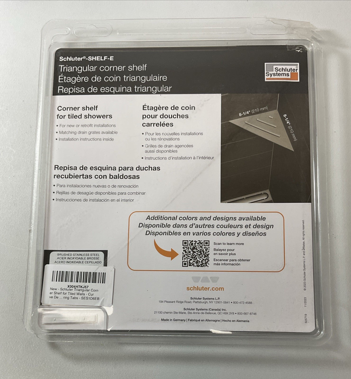 Schluter Triangular Corner Shelf for Tiled Walls- Curve Design, Stainless Steel