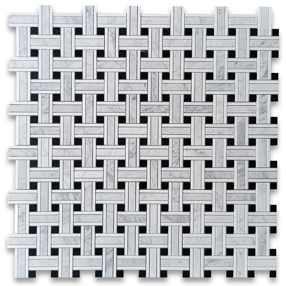 C66A5XP Carrara White Marble Twine Basketweave Mosaic Tile Marquina Thassos