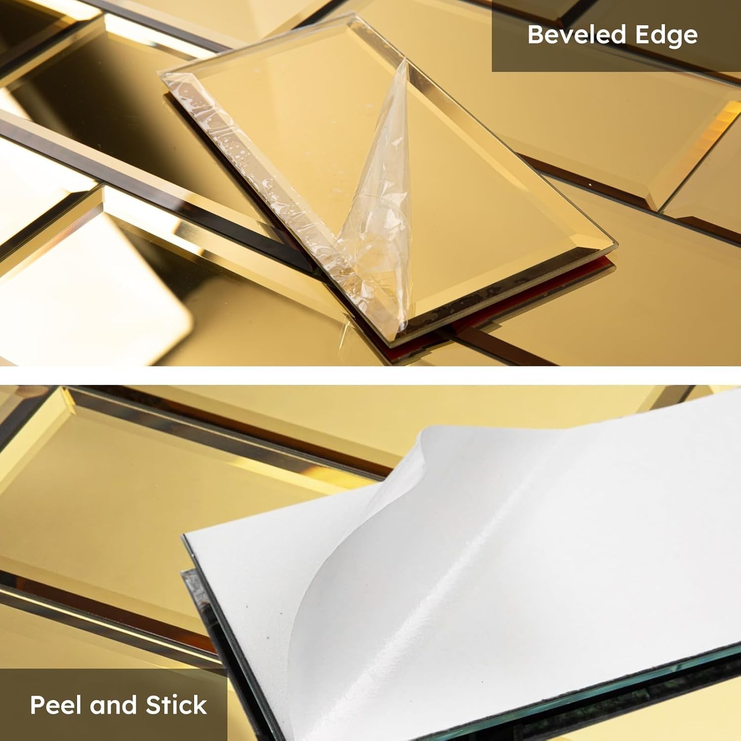 Elegant Peel and Stick Gold Beveled Mirror Backsplash – 3×6 Inch Subway Tiles^-