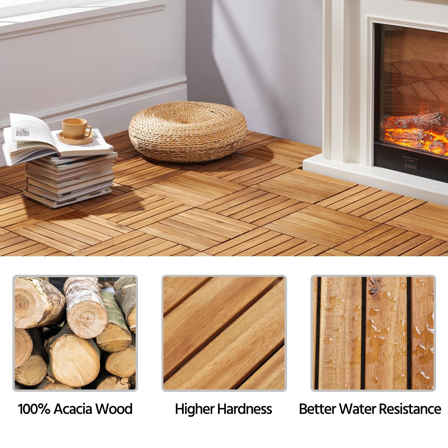 Interlocking Acacia Wood Flooring Tiles 12×12 Inch Waterproof 27-Pack for