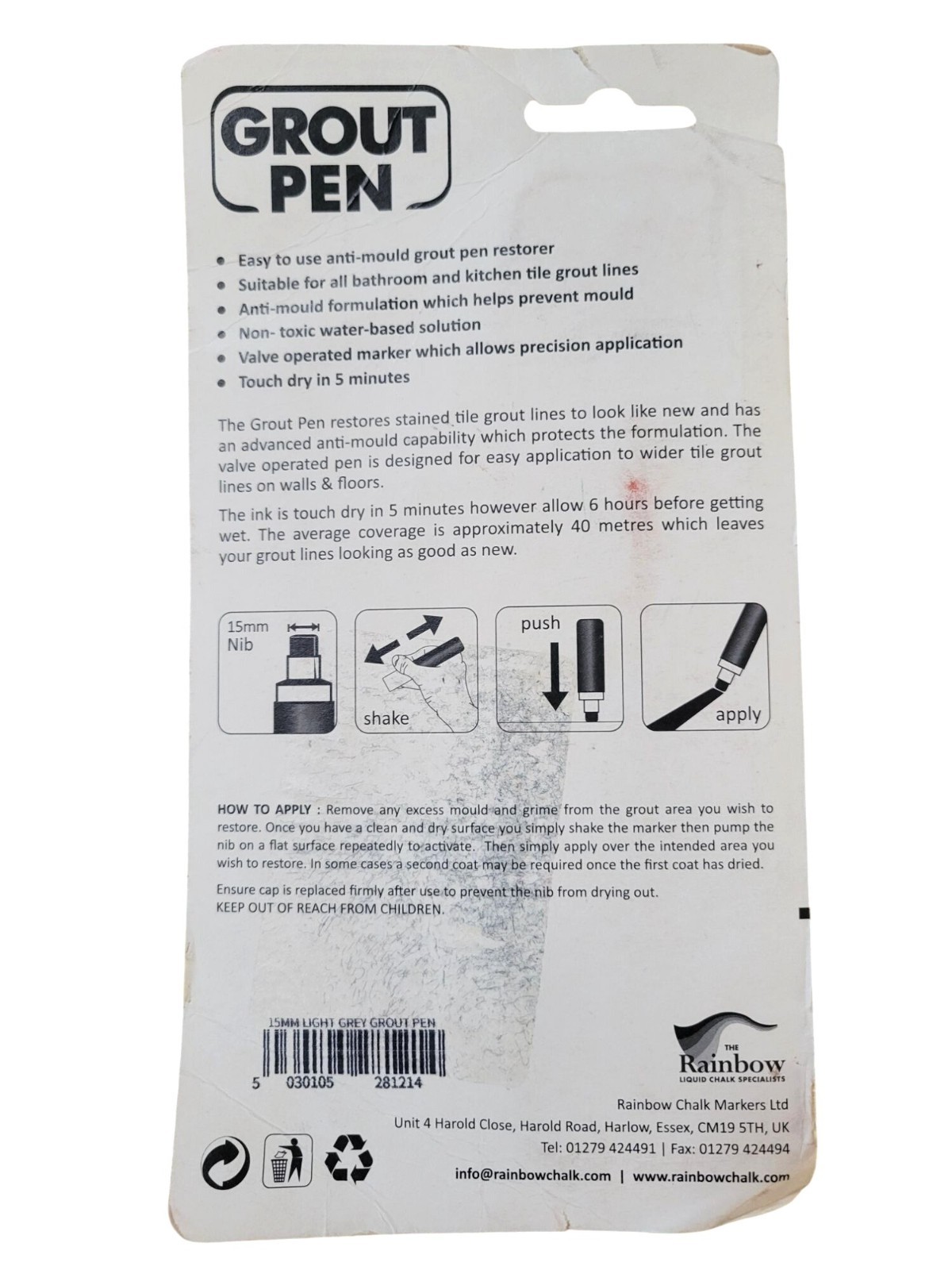 *NEW* Grout Pen Light Grey Tile Paint Marker Light Grey, Wide 15mm Tip (20mL)