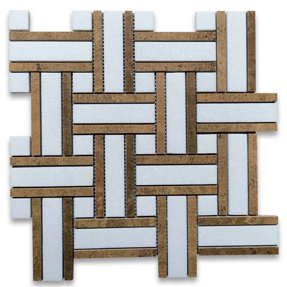T66A8XH Thassos White Marble Twine Basketweave Mosaic Tile Yellow Woodgrain