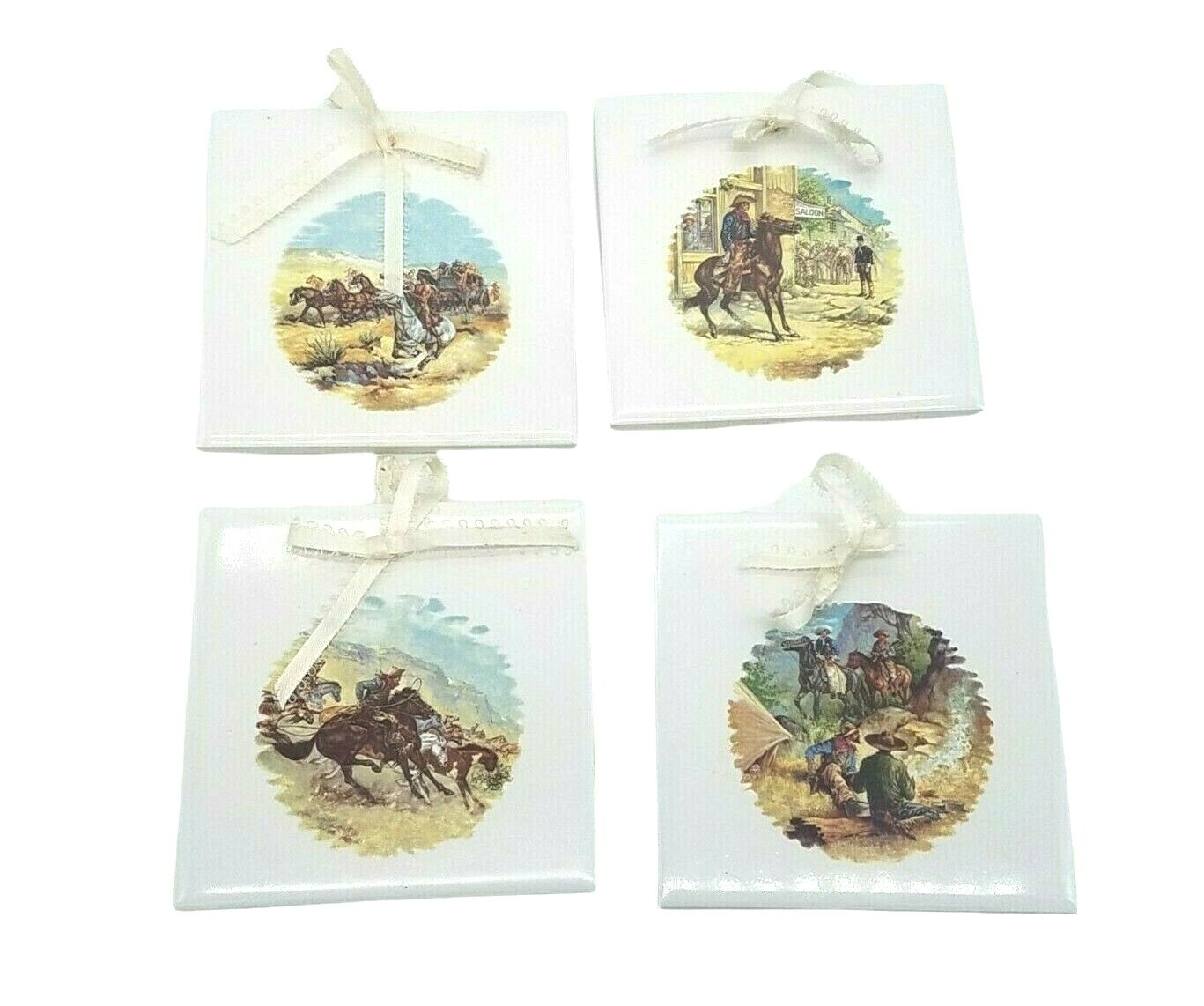 4 Ceramic Tiles Trivets Wall Hangings Western Cowboys 4.25 X 4.25 Made In USA