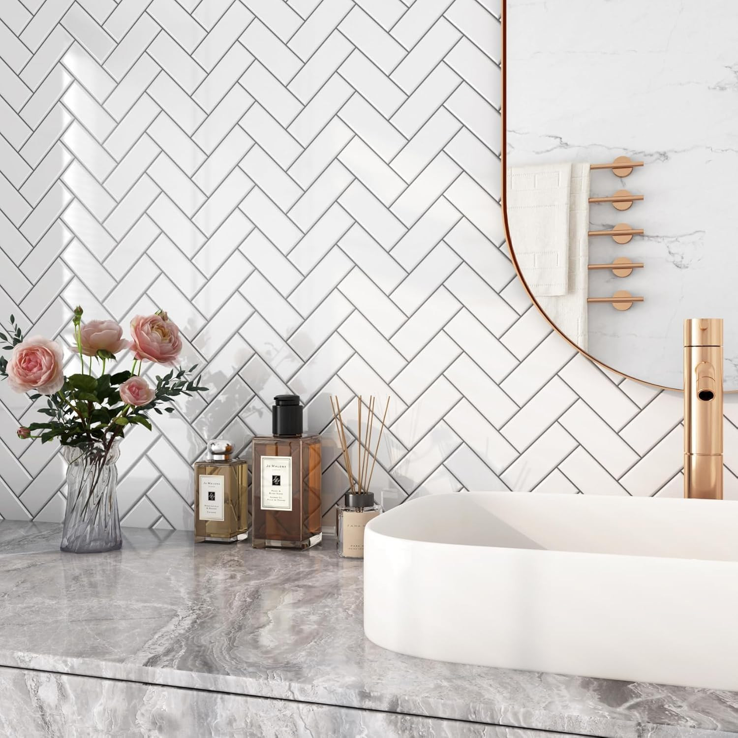 30 Pcs White Herringbone Peel and Stick Backsplash Tiles for Kitchen & Bath