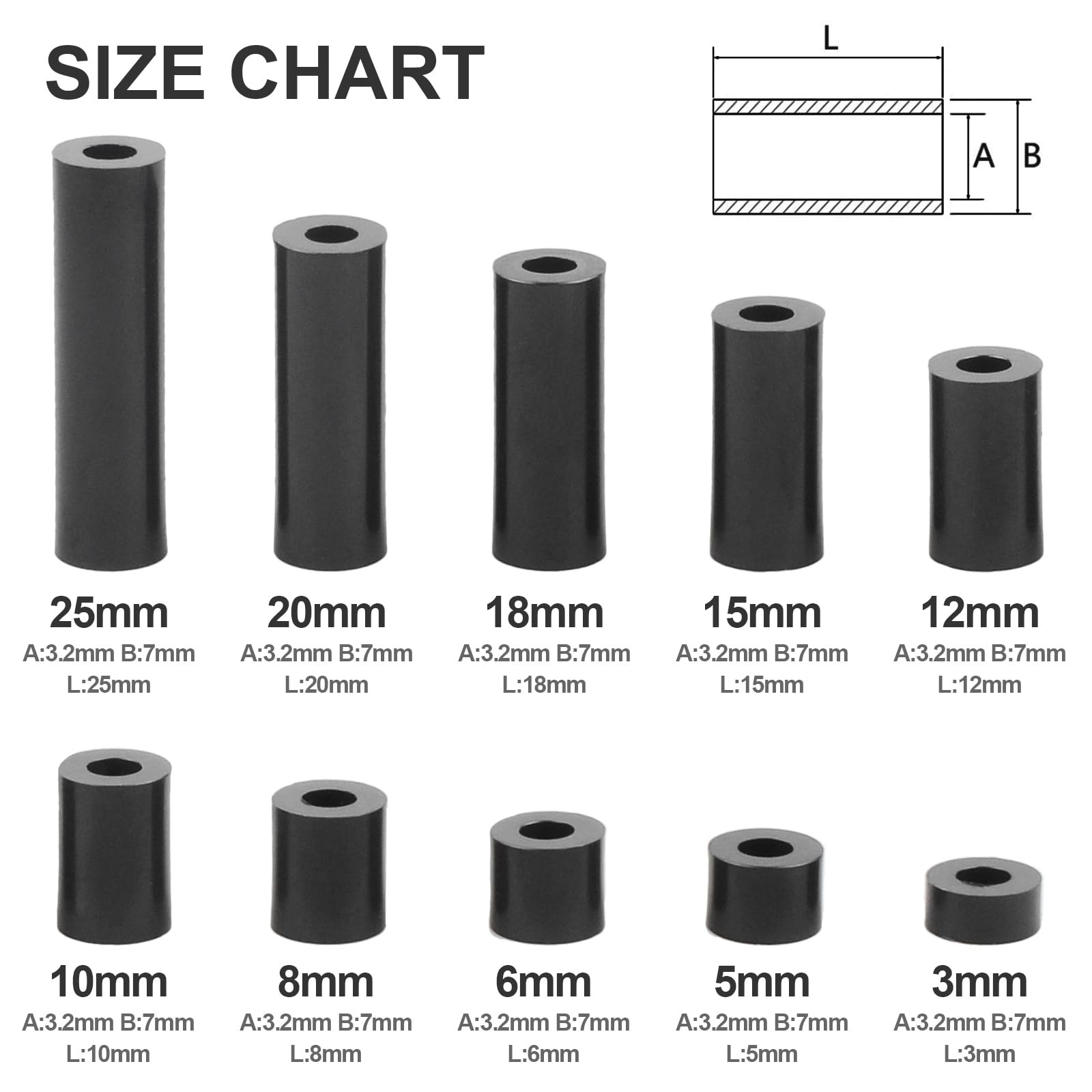 Exqutoo Black ABS Round Washers ID 3.2mm,OD 7mm, 3mm 5mm 3.2mm, Black/3.2mm
