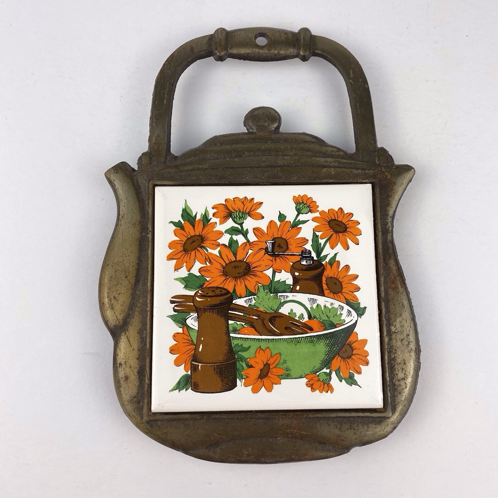 Vintage Cherry Japan Tile Cast Metal Trivet Hot Plate MCM 70s Floral Tea Pot