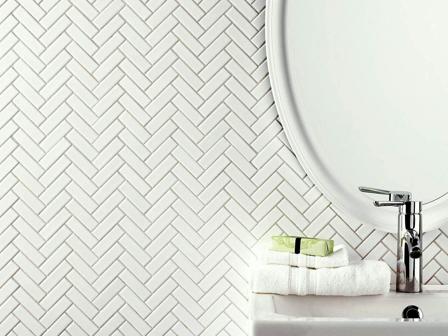 1×3 White Shiny Herringbone Ceramic Mosaic Dot Mount Wall Floor Tile (BOX OF 5)