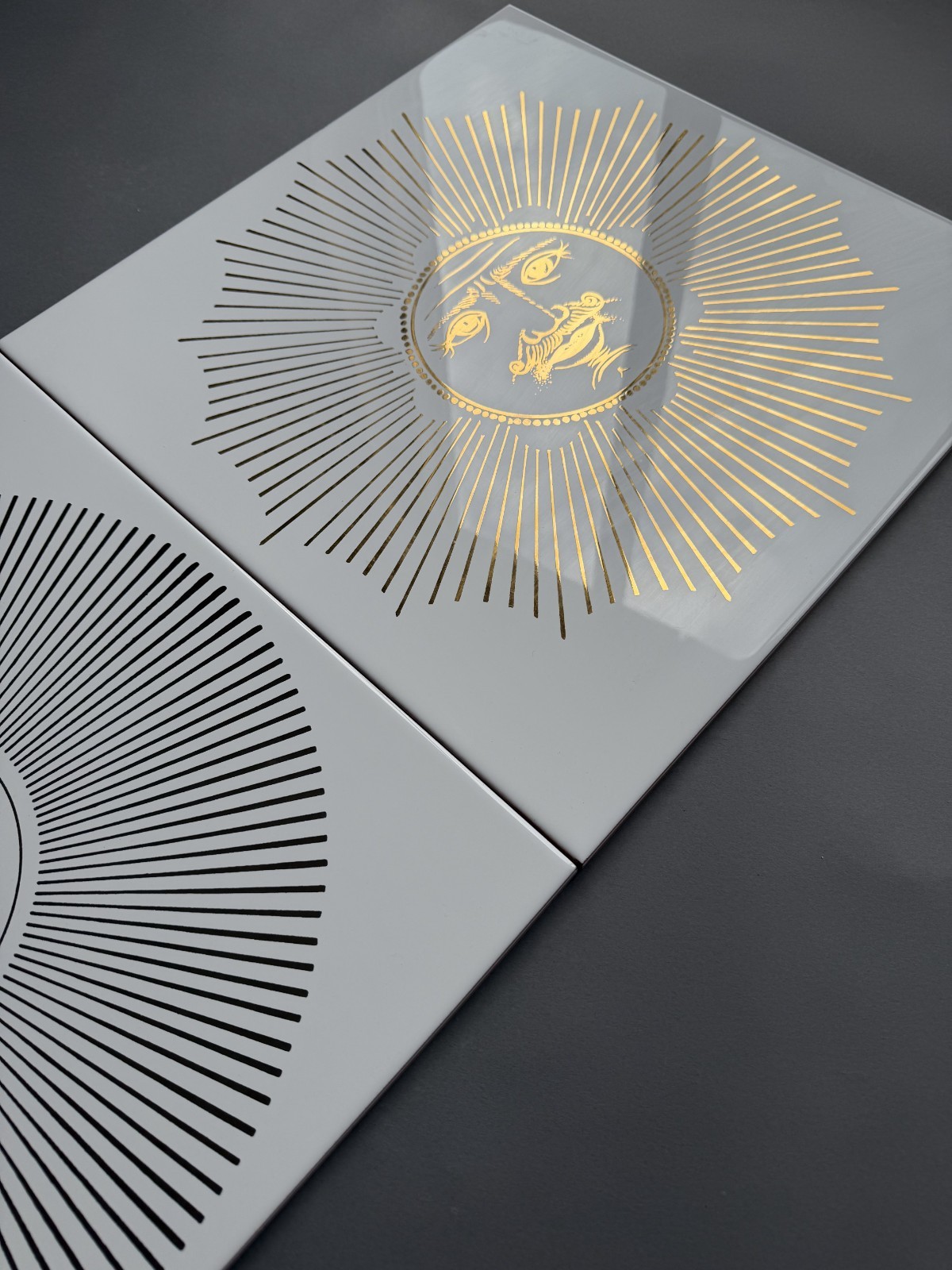 Fornasetti Ceramic 16″ Tiles (Pair) – Sol e Lune – Gold Leaf on White | NEW